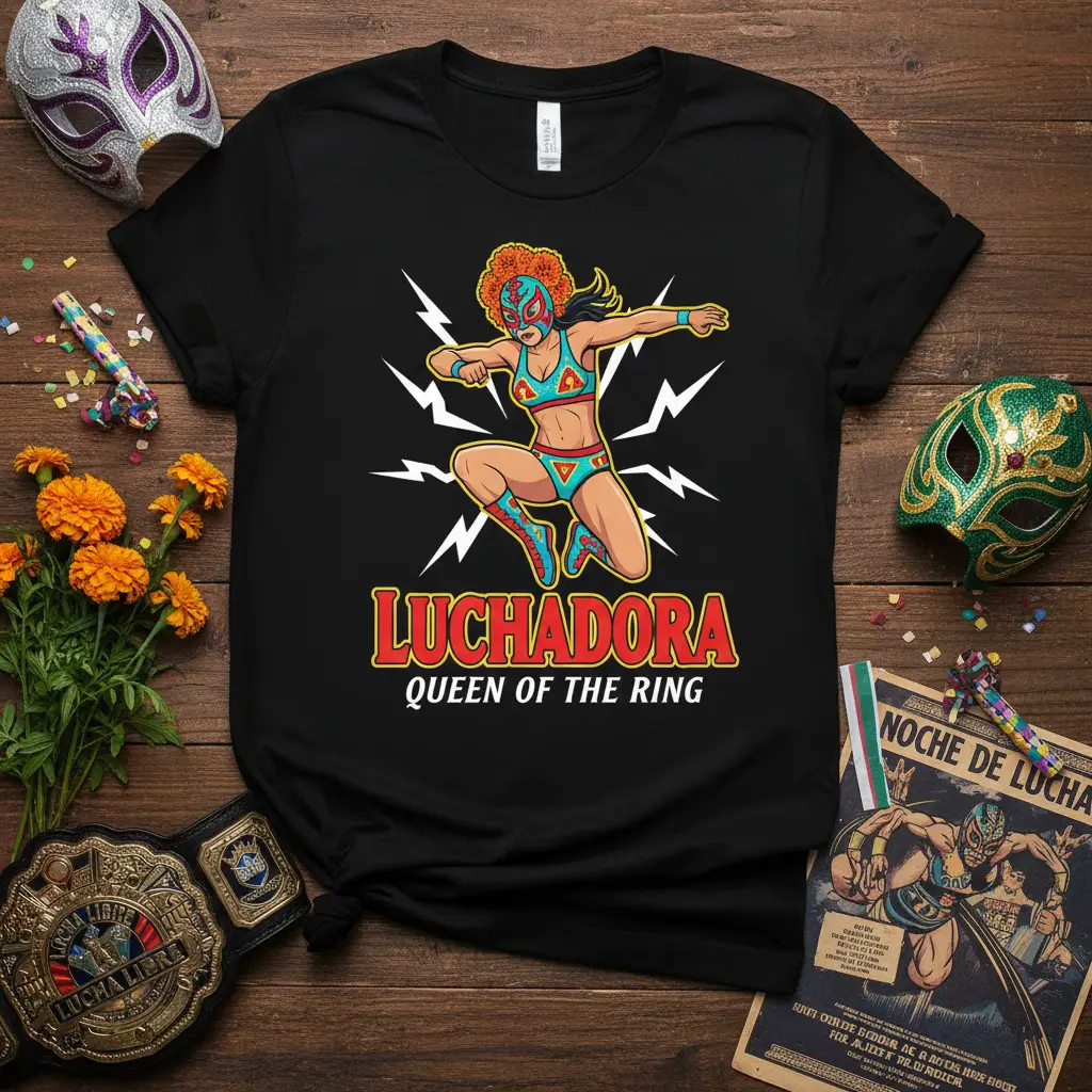 Luchadora Queen of the Ring text and graphic on a black t-shirt for wrestling fans