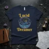 Lucid Dreamer t-shirt with yellow text and a circular graphic of a person floating in clouds and water, with a