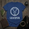 Lucifer text and sigil design on a navy blue t-shirt, surrounded by moons and thorns