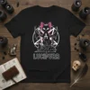 Lucipurr t-shirt design with a gothic black cat sitting inside a pentagram, holding a staff with an ankh symbol