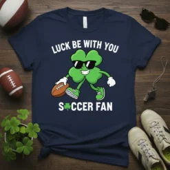 Luck Be With You Soccer Fan t-shirt design featuring a cartoon green clover holding a football, wearing sunglasses