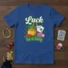 Luck be a lady text with pot of gold, horseshoe, dice, and playing cards graphic on a t-shirt