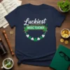 Luckiest Music Teacher t-shirt design with shamrocks and musical notes, perfect for St. Patrick's Day