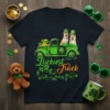 Luckiest Truck St. Patrick's Day t-shirt design with two Shiba Inu dogs wearing green hats in a vintage truck filled