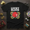 Lucky Block text and red question mark cube graphic on a black t-shirt, perfect for gamers