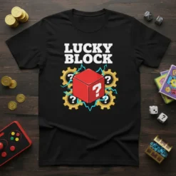 Lucky Block text and red question mark cube graphic on a black t-shirt, perfect for gamers