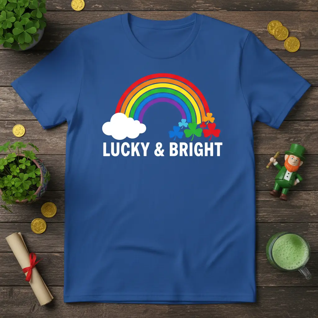 Lucky & Bright t-shirt design with a rainbow, cloud, and shamrocks, perfect for St. Patrick's Day celebrations