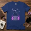 Lucky Cat 13 Witch Hat T-Shirt featuring a black cat wearing a celestial hat, standing on a pedestal with the