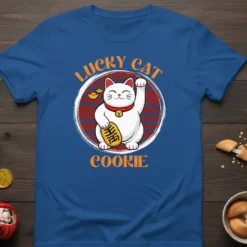 Lucky Cat Cookie t-shirt with a white Maneki Neko cat holding a gold ingot and wearing a red collar