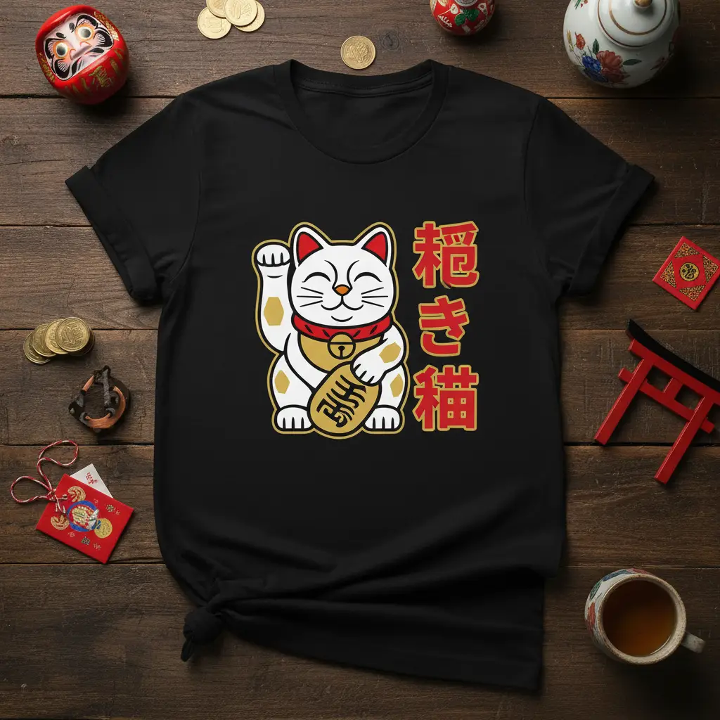 招き猫 Maneki Neko Japanese lucky cat illustration with red characters on a black t-shirt, symbolizing good fortune
