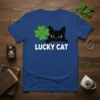 Lucky Cat T-Shirt with black cat and green clover design, perfect for cat lovers and St. Patrick's Day