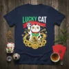 Lucky Cat T-Shirt with a white Maneki Neko cat holding a diamond and surrounded by gold coins