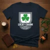 Lucky Charm Irish Roots text design with shamrock crest on a navy t-shirt