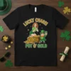 Lucky Charm Pot o' Gold St. Patrick's Day t-shirt design with a leprechaun and a woman near a pot of