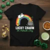 Lucky Charm St. Patrick's Day t-shirt with a white bunny on a rainbow and a pot of gold, featuring text