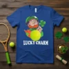Lucky Charm t-shirt design featuring a leprechaun holding a tennis ball with flames, with the text LUCKY CHARM in white