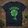 LUCKY St. Patrick's Day t-shirt with a green four-leaf clover, horseshoe, and pot of gold design