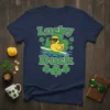 Lucky Duck St. Patrick's Day t-shirt with a cool duck wearing sunglasses surfing on waves, surrounded by green shamrocks and