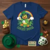 Lucky Duck T-Shirt with a cartoon duck wearing a green hat and holding a cane, set against a rainbow and