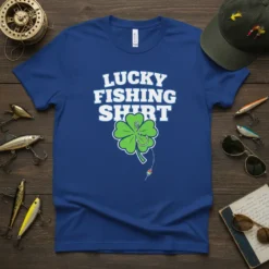 Blue t-shirt with white text "LUCKY FISHING SHIRT" above a green shamrock with a fishing hook and bobber attached