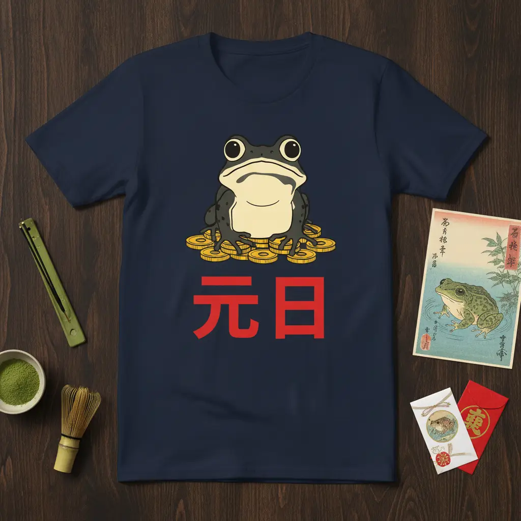 元日 Japanese New Year frog design with red characters and gold coins on a navy t-shirt
