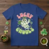 Lucky Ghouls text with a retro ghost wearing a top hat and holding a pot of gold, designed for St