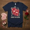 Navy t-shirt with "Lucky In Love" text and playing card graphic featuring hearts