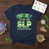 Lucky to be an SLP t-shirt with green shamrock and stripes, celebrating Speech-Language Pathology on St. Patrick's Day