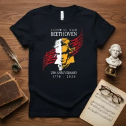 Ludwig Van Beethoven 250 Anniversary 1770-2020 t-shirt with a split portrait and musical notes design