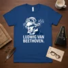 Ludwig Van Beethoven portrait t-shirt with musical notes, white text on blue tee