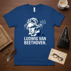 Ludwig Van Beethoven portrait t-shirt with musical notes, white text on blue tee