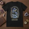 Black t-shirt with "Luna Flight Enchanted Growth" text, featuring a moth, mushrooms, crystals, and celestial elements in a magical forest