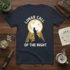 Lunar Call Of The Night t-shirt design with a black cat silhouette on a mountain peak beneath a large full