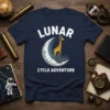 Lunar Cycle Adventure t-shirt design with a giraffe riding a unicycle on the moon