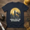 Lunch Atop The SkySSRAPFER t-shirt design featuring construction workers eating lunch on a skyscraper beam with a New York City
