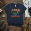 Lycoming retro mountain lake design on a navy t-shirt with vibrant stripes