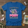 Lying Dog Face Pony Soldier t-shirt design with a dog in armor and a unicorn soldier, purple and green text