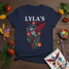 Lyla's Hummingbird Floral Design T-Shirt with white text and colorful bird graphic