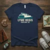 Lyme Regis England UK text and graphic t-shirt design featuring a stylized depiction of the town's iconic seafront buildings