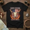 Lynyrd Skynyrd Made In America t-shirt with bull skull, American flag, and flames graphic