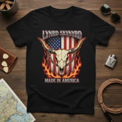 Lynyrd Skynyrd Made In America t-shirt with bull skull, American flag, and flames graphic
