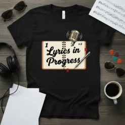 Lyrics in Progress t-shirt design with vintage microphone and pen on an open notebook graphic