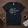 M RIGHT N D text with a stylized brain graphic on a black t-shirt, representing intellect and thought processes