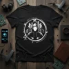 Black t-shirt with white M S cyberpunk hoodie graphic featuring a hooded figure and city skyline inside a circular design