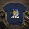 M.E.O.W hip hop cats design with three cats wearing sunglasses and gold chains, on a navy t-shirt