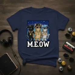 M.E.O.W hip hop cats design with three cats wearing sunglasses and gold chains, on a navy t-shirt