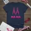 MA MA text with two pink drafting compasses on a navy blue t-shirt, symbolizing an architect mom