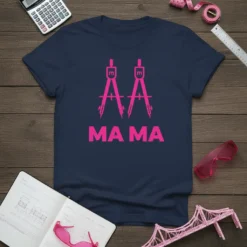 MA MA text with two pink drafting compasses on a navy blue t-shirt, symbolizing an architect mom