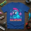 Blue t-shirt featuring a Macawsome parrot with a mohawk and sunglasses, surrounded by musical notes and a heartbeat graphic