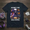 Machine's Fury Omega Protocol text and robotic warrior graphic on a dark t-shirt